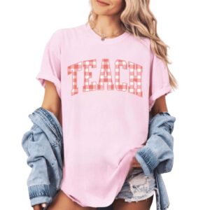 retro teach t-shirt coral gingham graphic tee for teachers