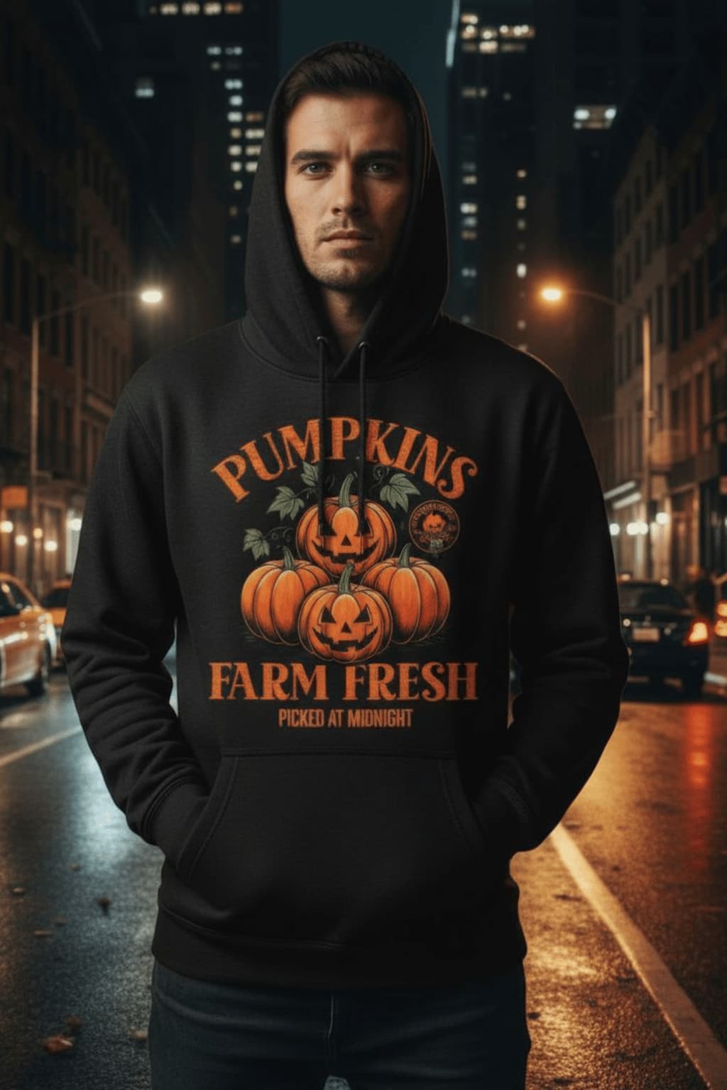 Black unisex Halloween hoodie with Pumpkins Farm Fresh design, orange jack-o’-lanterns and text Picked at Midnight – Vibe Wear Hub