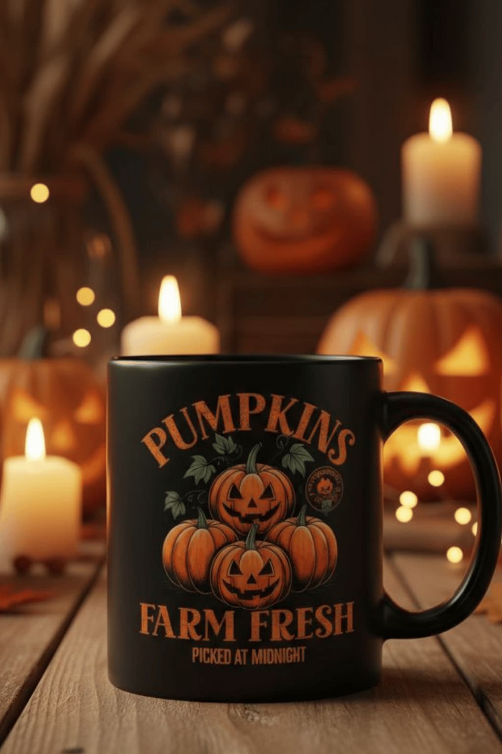 Black Halloween mug with Pumpkins Farm Fresh design featuring orange pumpkins and spooky fall theme – Vibe Wear Hub